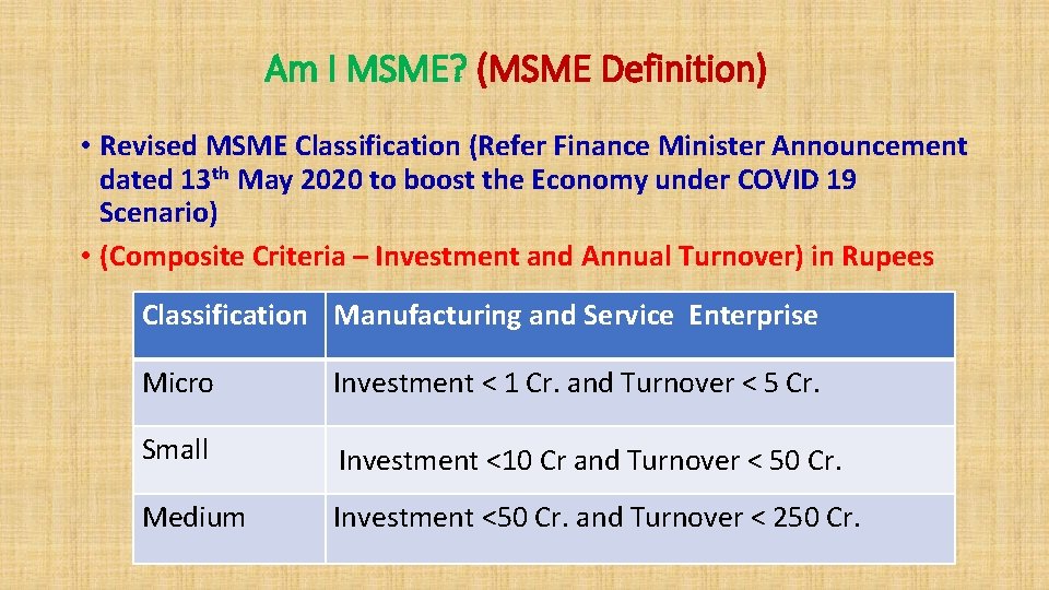 Am I MSME? (MSME Definition) • Revised MSME Classification (Refer Finance Minister Announcement dated