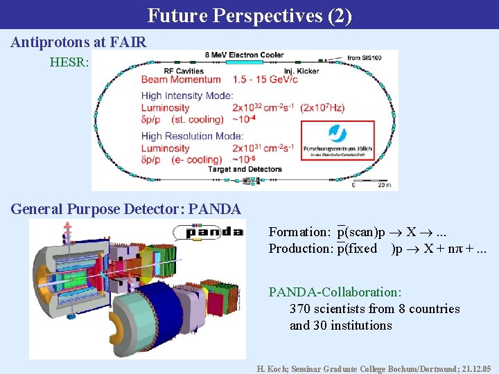 Future Perspectives (2) Antiprotons at FAIR HESR: General Purpose Detector: PANDA Formation: p(scan)p X