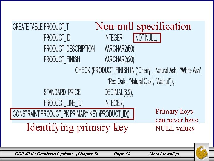 Non-null specification Identifying primary key COP 4710: Database Systems (Chapter 5) Page 13 Primary