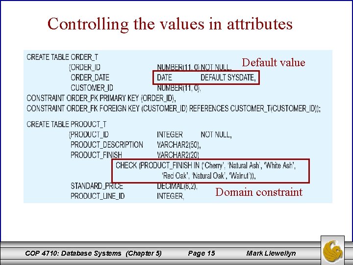 Controlling the values in attributes Default value Domain constraint COP 4710: Database Systems (Chapter