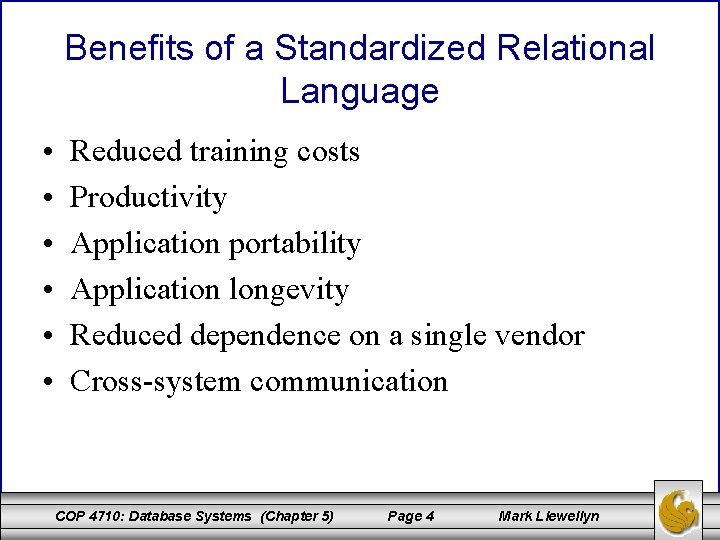 Benefits of a Standardized Relational Language • • • Reduced training costs Productivity Application