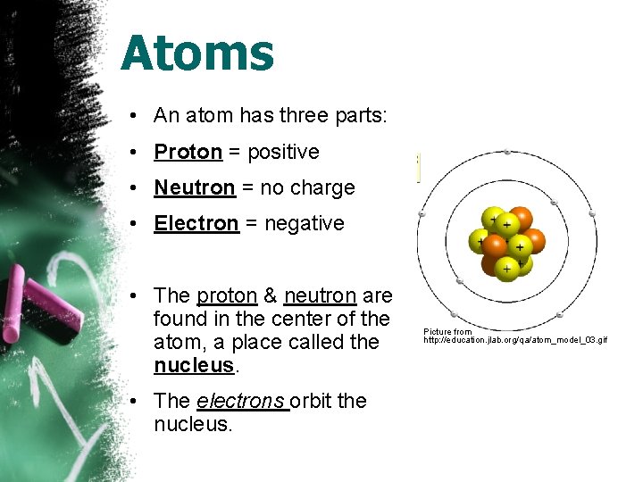 Atoms • An atom has three parts: • Proton = positive • Neutron =