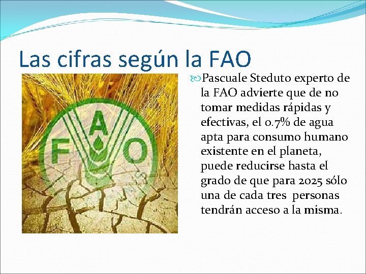 Las cifras según la FAO Pascuale Steduto experto de la FAO advierte que de