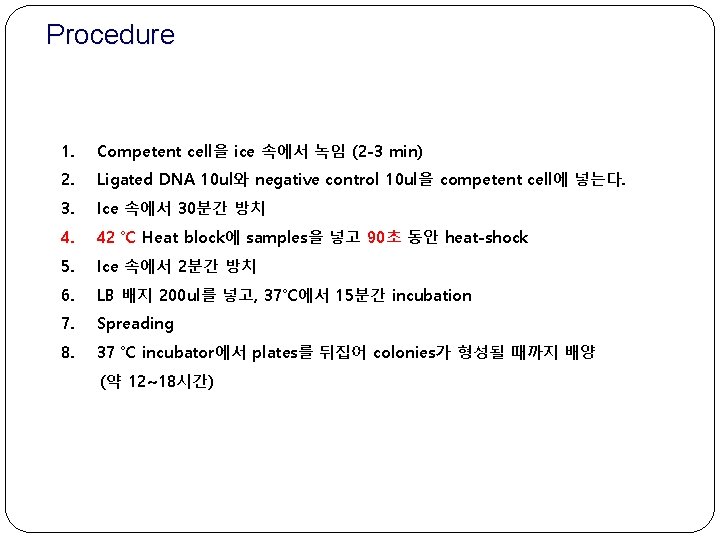Procedure 1. Competent cell을 ice 속에서 녹임 (2 -3 min) 2. Ligated DNA 10
