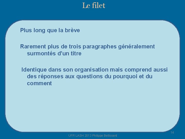 Le filet Plus long que la brève Rarement plus de trois paragraphes généralement surmontés