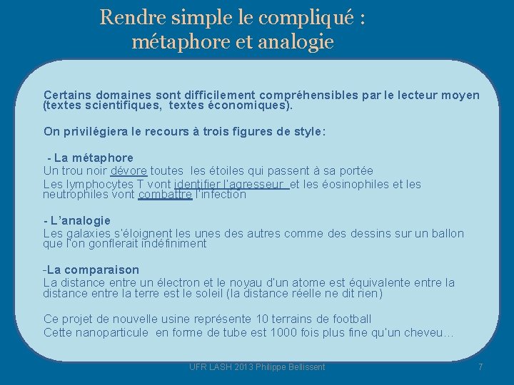 Rendre simple le compliqué : métaphore et analogie Certains domaines sont difficilement compréhensibles par