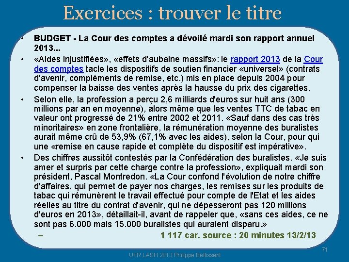 Exercices : trouver le titre • • BUDGET - La Cour des comptes a