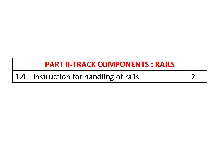 PART II-TRACK COMPONENTS : RAILS 1. 4 Instruction for handling of rails. 2 