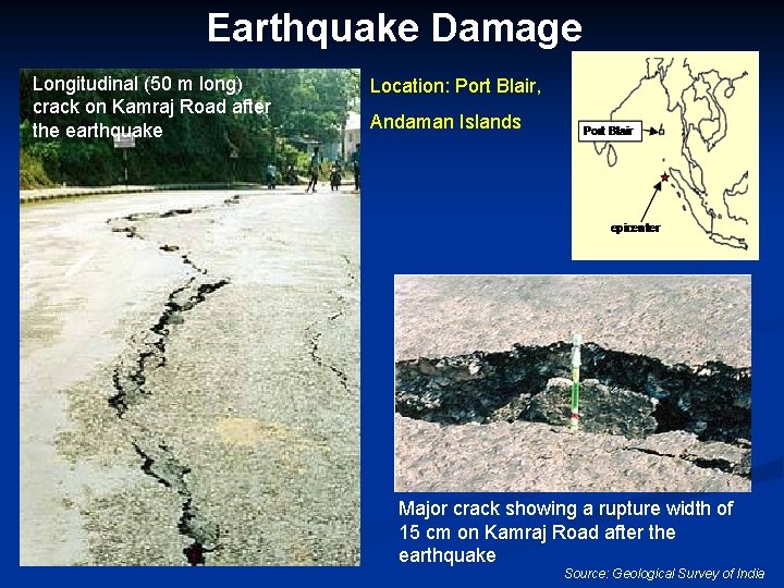 Earthquake Damage Longitudinal (50 m long) crack on Kamraj Road after the earthquake Location: