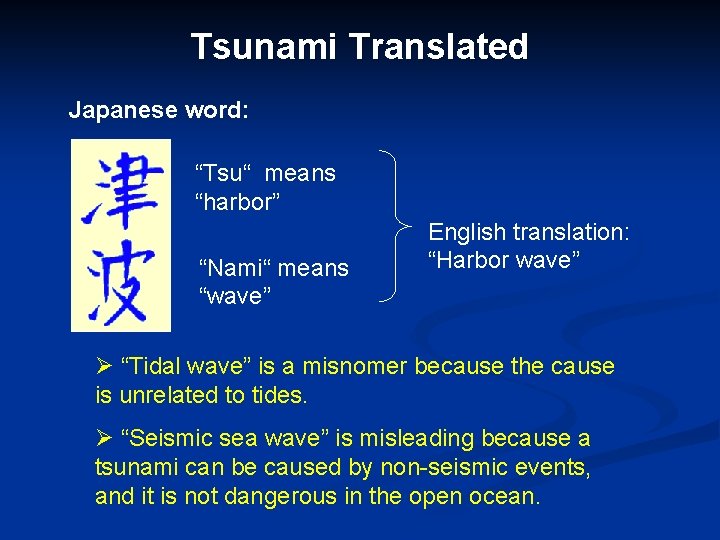 Tsunami Translated Japanese word: “Tsu“ means “harbor” “Nami“ means “wave” English translation: “Harbor wave”