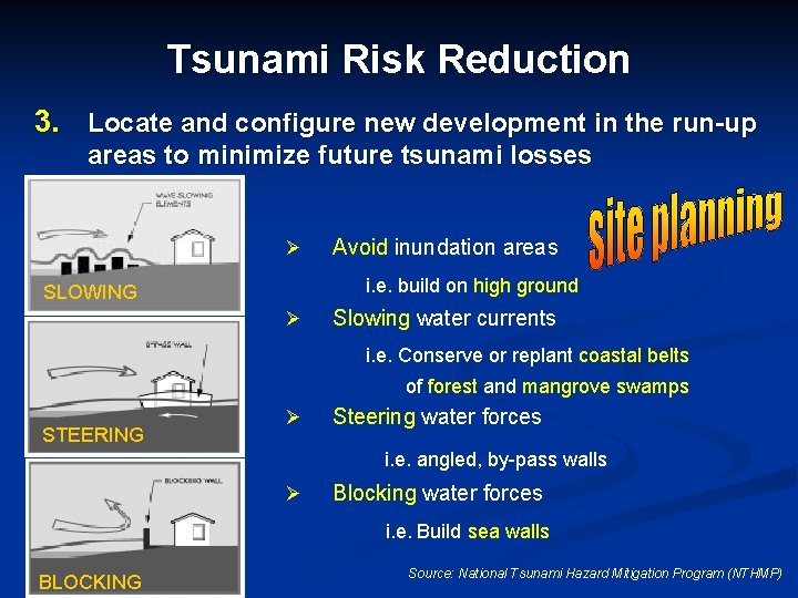 Tsunami Risk Reduction 3. Locate and configure new development in the run-up areas to