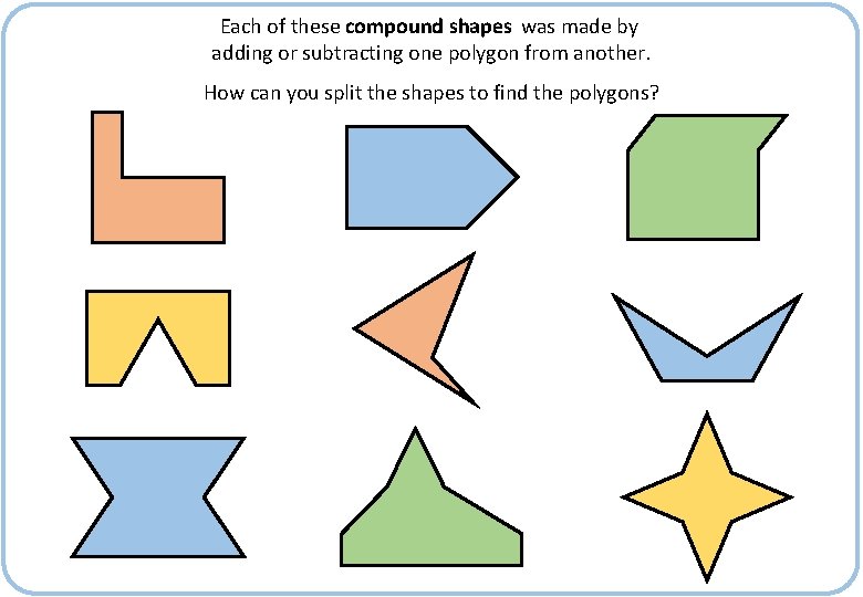 Each of these compound shapes was made by adding or subtracting one polygon from