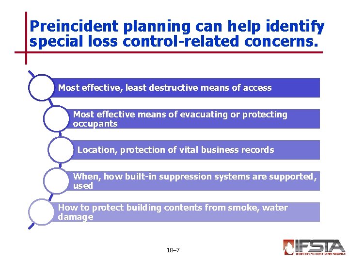 Preincident planning can help identify special loss control-related concerns. Most effective, least destructive means