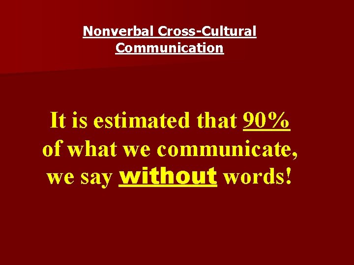 Nonverbal Cross-Cultural Communication It is estimated that 90% of what we communicate, we say