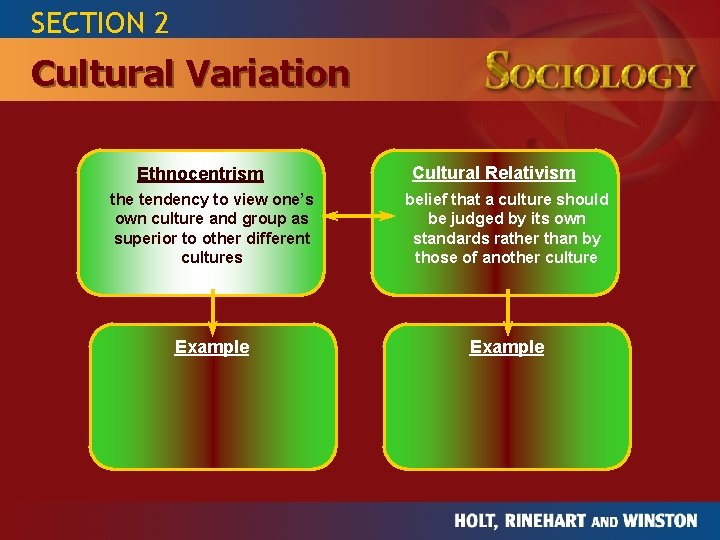 SECTION 2 Cultural Variation Ethnocentrism Cultural Relativism the tendency to view one’s own culture