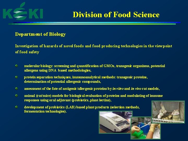 Division of Food Science Department of Biology Investigation of hazards of novel foods and