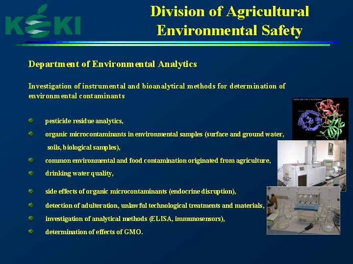 Division of Agricultural Environmental Safety Department of Environmental Analytics Investigation of instrumental and bioanalytical