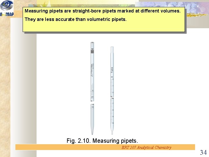 Measuring pipets are straight-bore pipets marked at different volumes. They are less accurate than