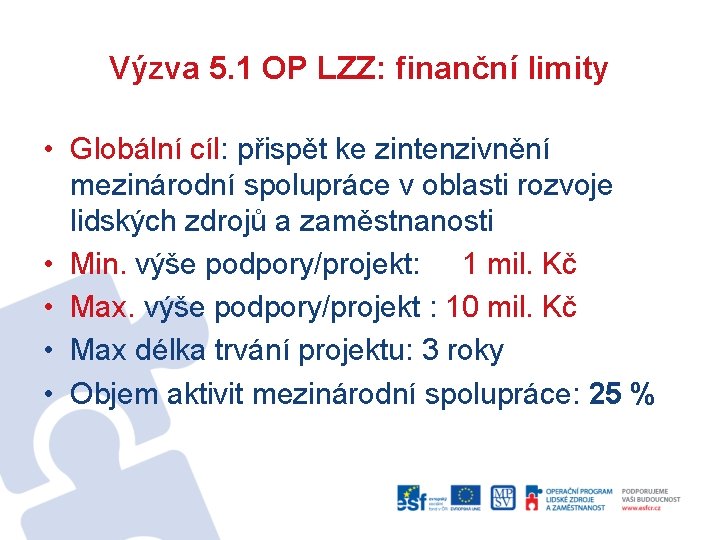 Výzva 5. 1 OP LZZ: finanční limity • Globální cíl: přispět ke zintenzivnění mezinárodní