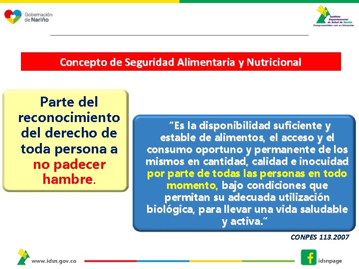 Concepto de Seguridad Alimentaria y Nutricional Parte del reconocimiento del derecho de toda persona