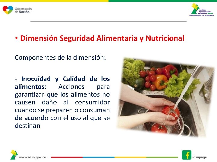 • Dimensión Seguridad Alimentaria y Nutricional Componentes de la dimensión: - Inocuidad y