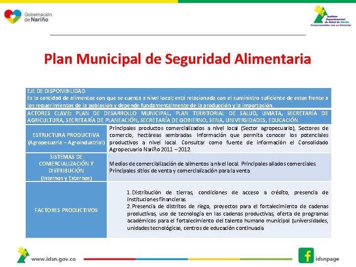 Plan Municipal de Seguridad Alimentaria EJE DE DISPONIBILIDAD Es la cantidad de alimentos con