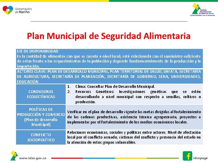 Plan Municipal de Seguridad Alimentaria EJE DE DISPONIBILIDAD Es la cantidad de alimentos con