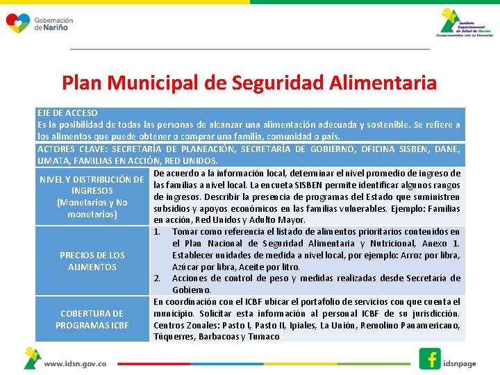 Plan Municipal de Seguridad Alimentaria EJE DE ACCESO Es la posibilidad de todas las