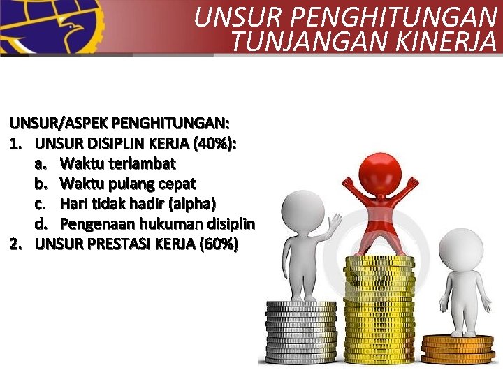 UNSUR PENGHITUNGAN TUNJANGAN KINERJA UNSUR/ASPEK PENGHITUNGAN: 1. UNSUR DISIPLIN KERJA (40%): a. Waktu terlambat