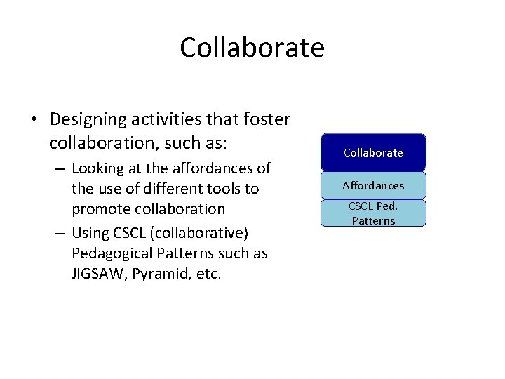 Collaborate • Designing activities that foster collaboration, such as: – Looking at the affordances