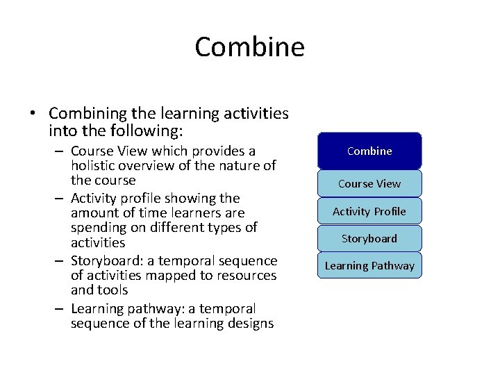 Combine • Combining the learning activities into the following: – Course View which provides