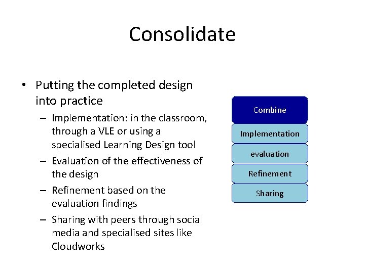 Consolidate • Putting the completed design into practice – Implementation: in the classroom, through