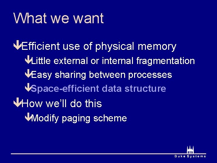 What we want êEfficient use of physical memory êLittle external or internal fragmentation êEasy