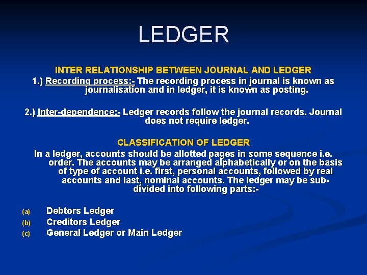 LEDGER INTER RELATIONSHIP BETWEEN JOURNAL AND LEDGER 1. ) Recording process: - The recording