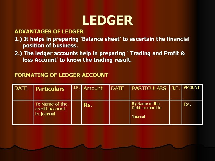 LEDGER ADVANTAGES OF LEDGER 1. ) It helps in preparing ‘Balance sheet’ to ascertain LEDGER ADVANTAGES OF LEDGER 1. ) It helps in preparing ‘Balance sheet’ to ascertain