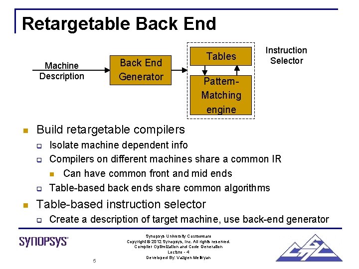 Retargetable Back End Generator Machine Description n Pattern. Matching engine Build retargetable compilers q