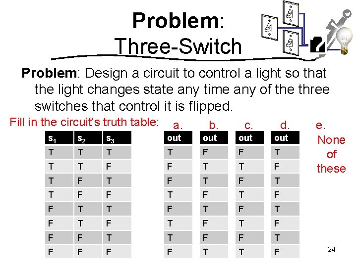 Problem: Three-Switch ? Problem: Design a circuit to control a light so that the