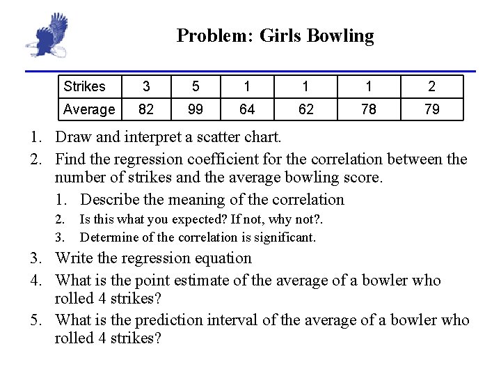 Problem: Girls Bowling Strikes 3 5 1 1 1 2 Average 82 99 64 Problem: Girls Bowling Strikes 3 5 1 1 1 2 Average 82 99 64