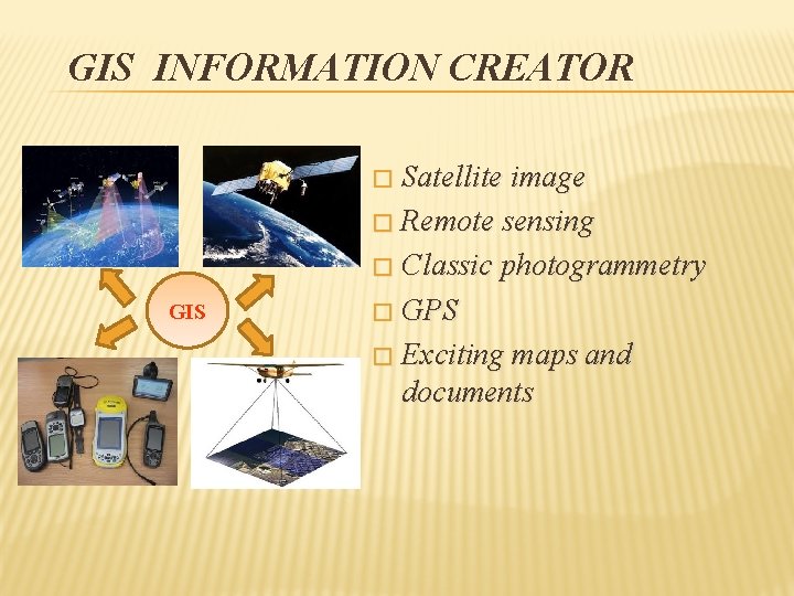 GIS INFORMATION CREATOR Satellite image � Remote sensing � Classic photogrammetry � GPS �