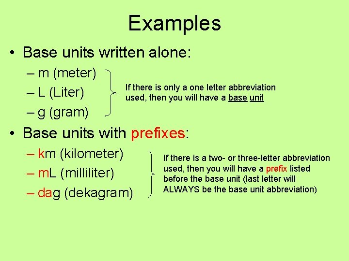 Examples • Base units written alone: – m (meter) – L (Liter) – g Examples • Base units written alone: – m (meter) – L (Liter) – g