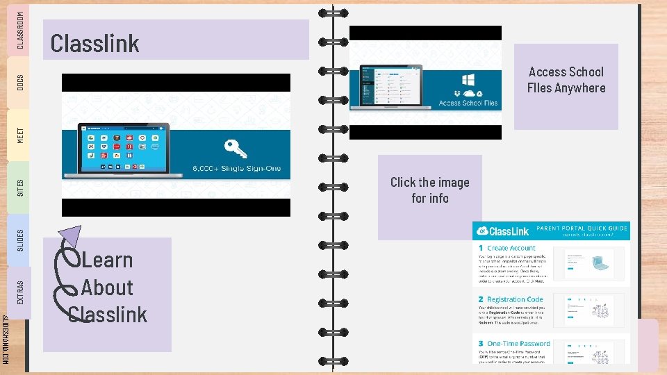 Access School FIles Anywhere MEET DOCS CLASSROOM Classlink EXTRAS SLIDES SITES Click the image