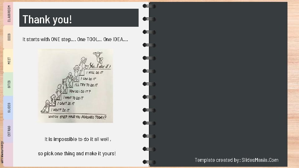 It starts with ONE step…. One TOOL… One IDEA…. CLASSROOM EXTRAS SLIDES SITES MEET