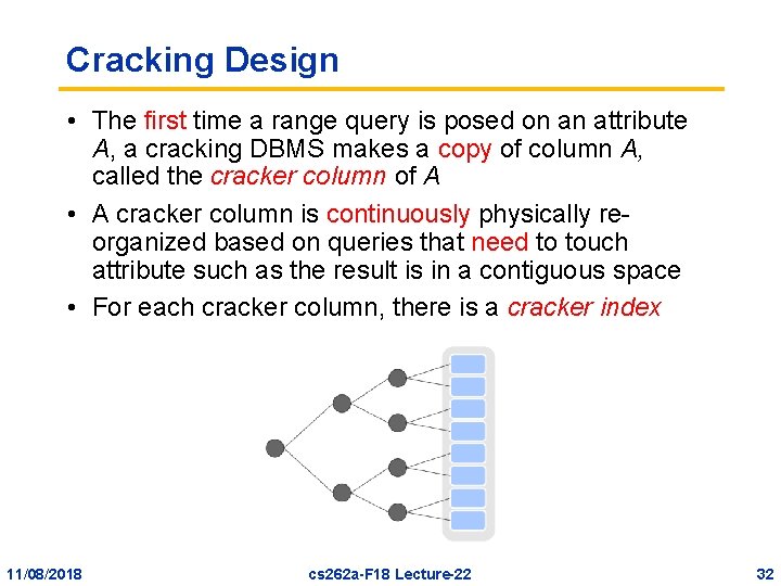 Cracking Design • The first time a range query is posed on an attribute