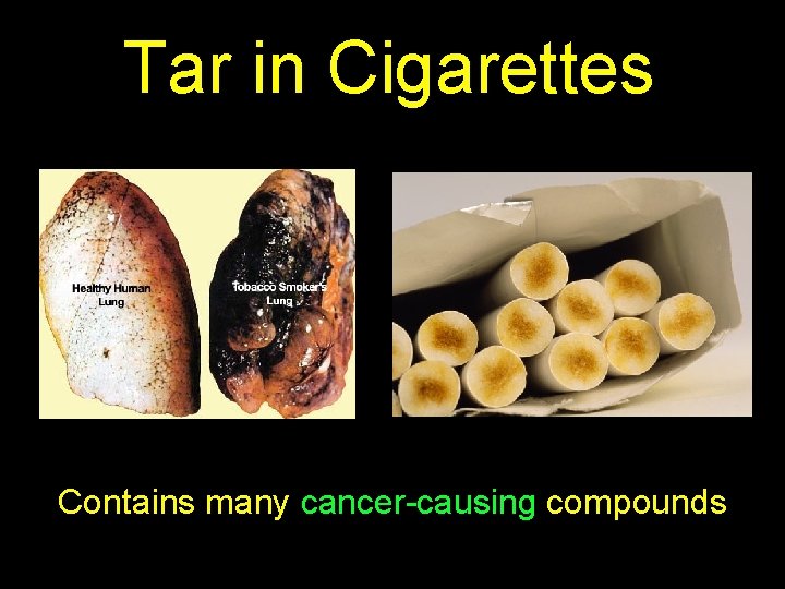 Tar in Cigarettes Contains many cancer-causing compounds 