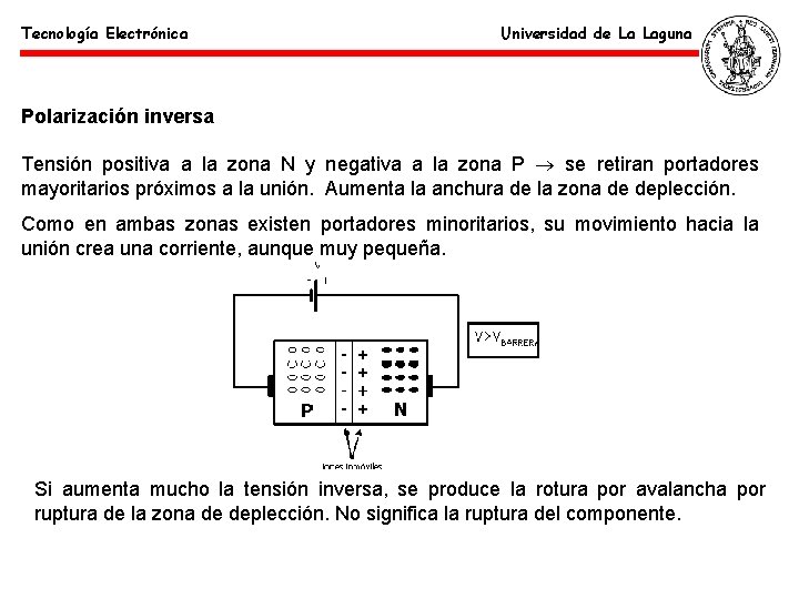 Tecnología Electrónica Universidad de La Laguna Polarización inversa Tensión positiva a la zona N