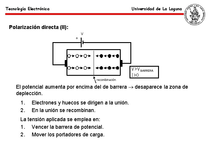 Tecnología Electrónica Universidad de La Laguna Polarización directa (II): El potencial aumenta por encima