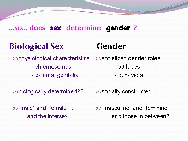 …so… does sex determine gender ? Biological Sex Gender physiological characteristics - chromosomes - …so… does sex determine gender ? Biological Sex Gender physiological characteristics - chromosomes -