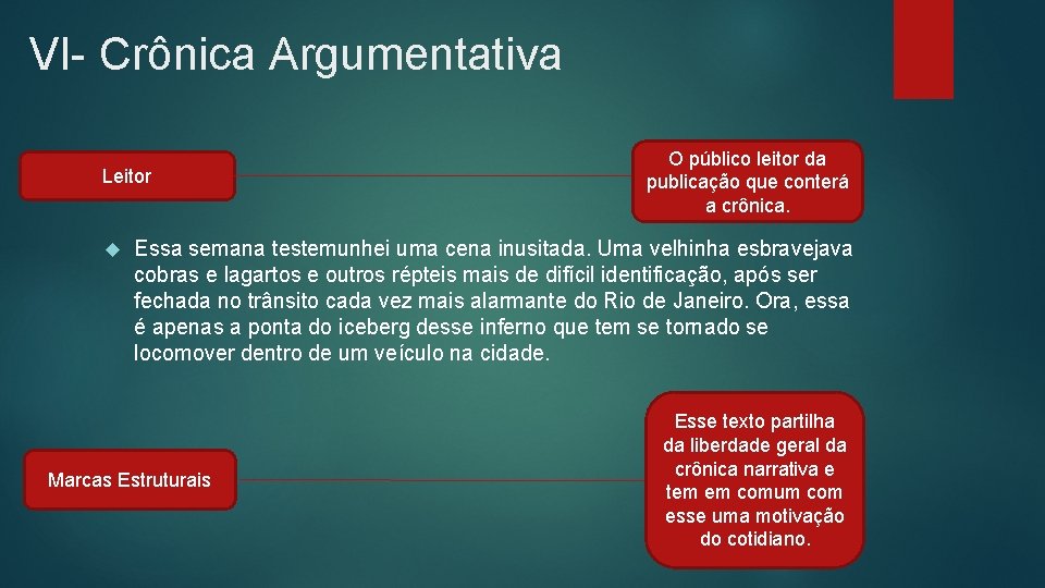 VI- Crônica Argumentativa Leitor O público leitor da publicação que conterá a crônica. Essa