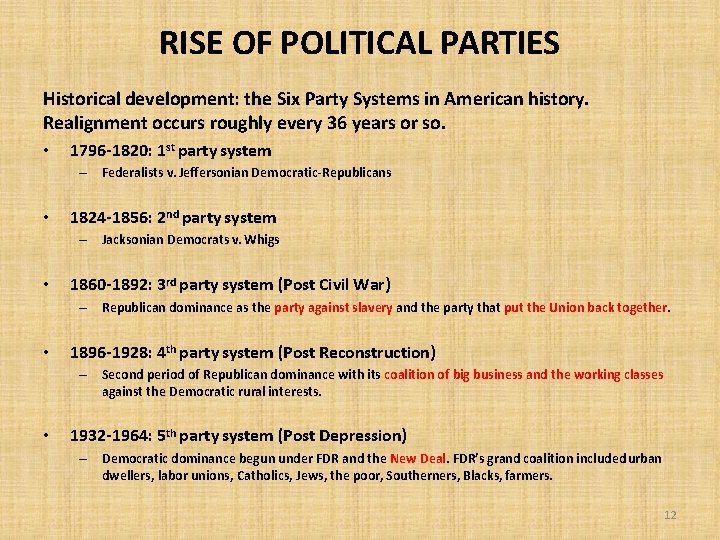 RISE OF POLITICAL PARTIES Historical development: the Six Party Systems in American history. Realignment
