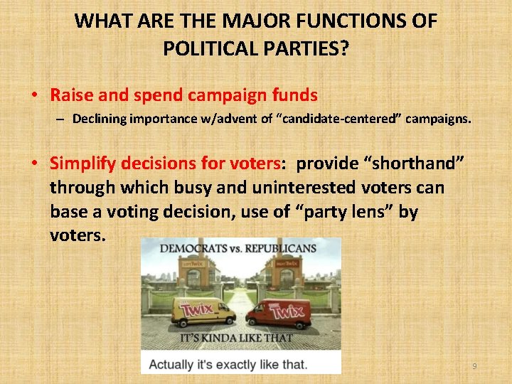 WHAT ARE THE MAJOR FUNCTIONS OF POLITICAL PARTIES? • Raise and spend campaign funds